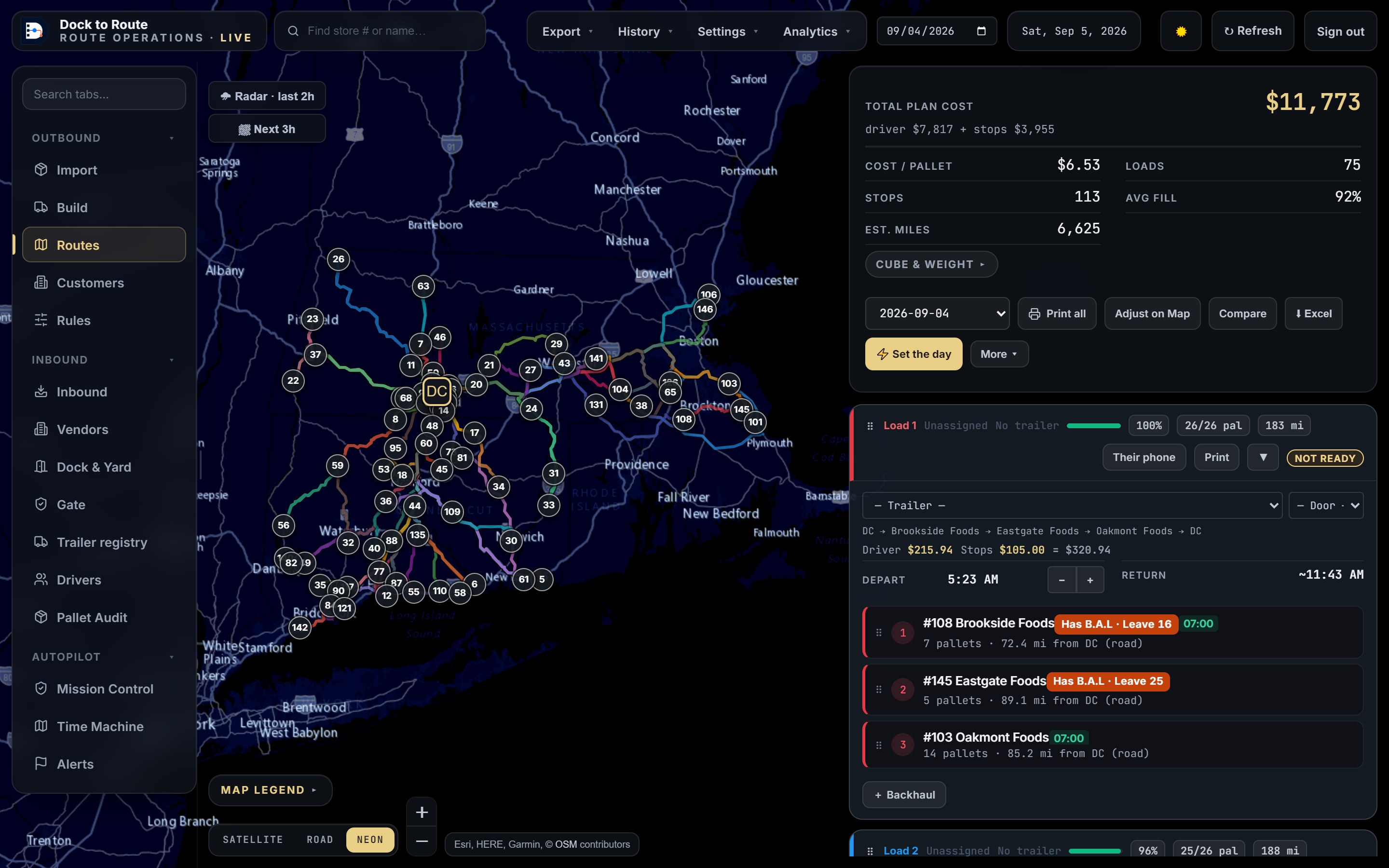 The Routes tab: today's loads on the map, each with its cost